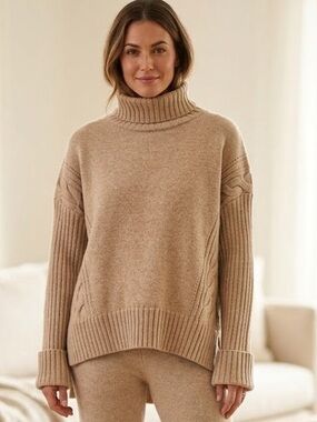 Entro Oversized Cable Knit Turtleneck Sweater Beige Boxy Cozy High Low Hem Large